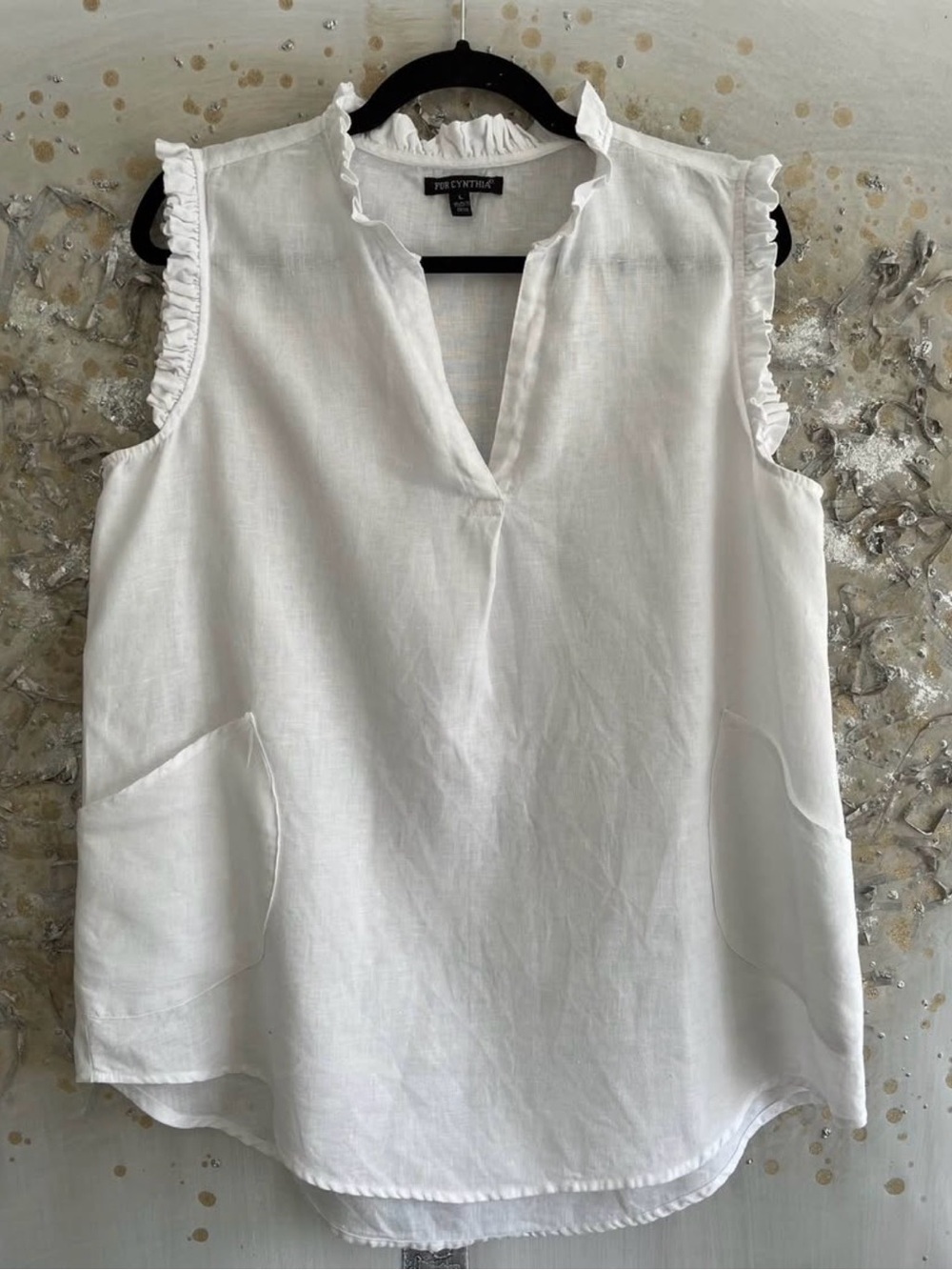 White - For Cynthia 100% Linen Sleeveless Ruffle trim  2 Pocket Top Large